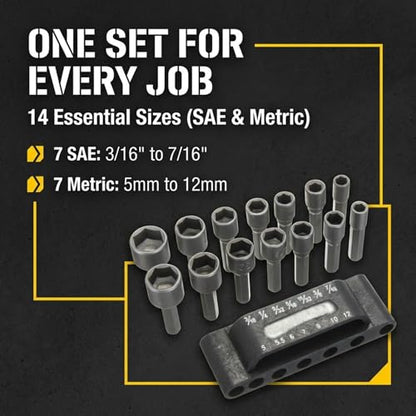 Drilax 14-Pc Nut Driver Bit Set, SAE & Metric, 1/4 in Hex, Impact Ready