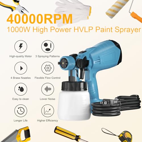 1000W HVLP Paint Sprayer High-Efficiency Electric Spray Gun with 4 Nozzles,Variable Patterns & Adjustable Flow, Detachable Container,Easy to Clean for Home Furniture, Cabinets, Fence, Walls - color: Blue
