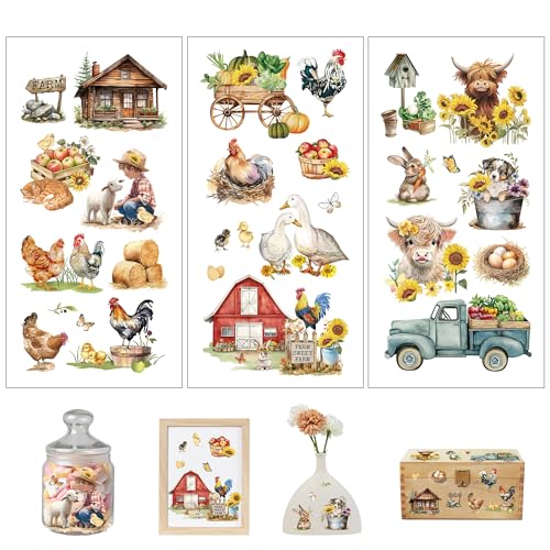 Joeyan 3 Sheets Farmhouse Rub On Transfers for Crafts and Furniture Sunflower Cow Rub on Transfer Stickers Animal Decals for Wood Glass Metal Canvas Porcelain Plastic DIY Craft Home Decor, 6" x12" - style: Vintage Farm