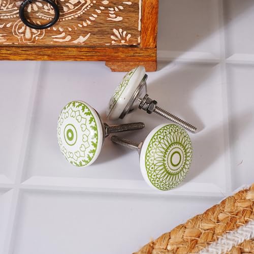 Ajuny 10 Green White Ceramic Cabinet Knobs Printed Drawer Pull Handles Set - color: Green-White