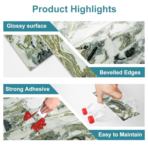 Vamos Tile Peel & Stick Backsplash on Subway Tile,40-Pack 3''x12'',Glossy - color: Ice Green with White Grout