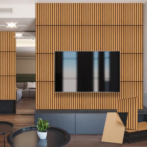 Teak Acoustic Panels, 12 Pack Self-Adhesive Sound Absorbing Tiles - color: Teak