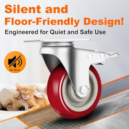 2" Orange Caster Wheel Set of 4, Swivel Plate Casters with Brake - color: Red, size: 2 IN