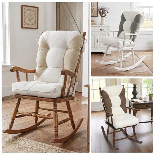 Rocking Chair Cushions Set - Non-Slip Adirondack Chair Cushions with Ties Indoor/Outdoor Rocking Chair Pad for Living Room, Bedroom, Balcony, Office - color: White-beige