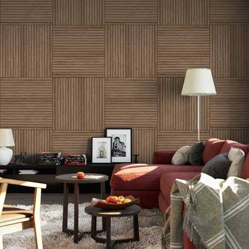 8-Pack Peel & Stick Acoustic Wood Slat Wall Panels - color: Walnut, size: 8pcs - 23.6" x 23.6"