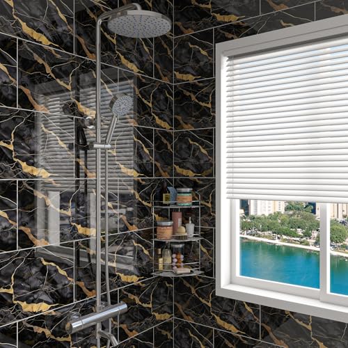 Marble Peel and Stick Backsplash 23.6 x11.8 in, 10PCS - color: Black Stone Gilding