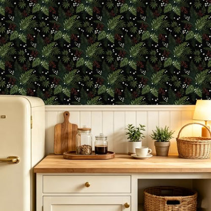 Dark Green Botanical Berries Peel and Stick Wallpaper 17.5" x 118" - color: Black/Dark Green, size: 17.5" x 118"