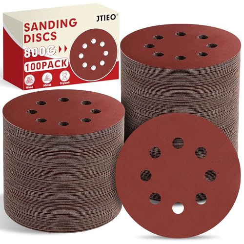 JTIEO 100PCS Sanding Discs 5 Inch, 800 Grit Orbital Sander Pads, Hook & Loop Sandpaper Pads, 8 Hole Round Sanding Discs for Random Orbital Sanders - style: 800Grit-100pcs