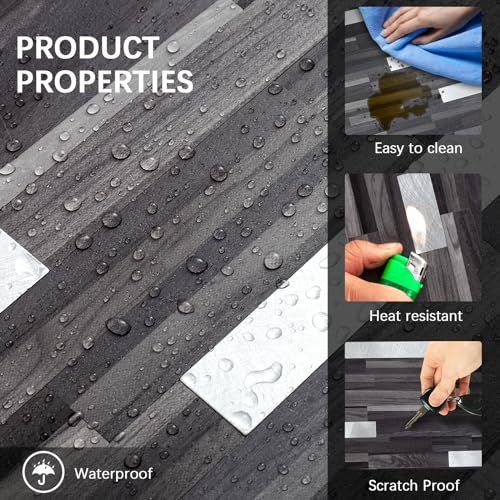 Midcard 10 Sheet Peel and Stick Backsplash Tile, Stick on Tiles for Backsplash Kitchen, Bathroom, Laundry Room, Camper, Fireplace. - color: 20Trapezoidal Black Grey Wood with Metal Silver