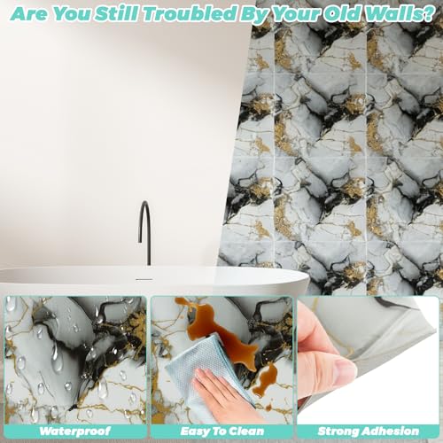 30pcs Marble Tiles, Peel and Stick Wall Tiles, Self-Adhesive PVC Marble Wall Panels, Waterproof 3D Peel and Stick Backsplash for Kitchen Bathroom and Living Room, 12 ×12 Inch