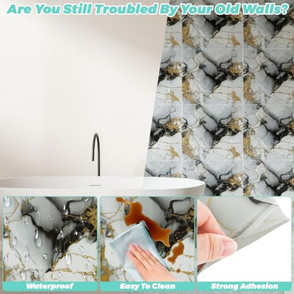 30pcs Marble Tiles, Peel and Stick Wall Tiles, Self-Adhesive PVC Marble Wall Panels, Waterproof 3D Peel and Stick Backsplash for Kitchen Bathroom and Living Room, 12 ×12 Inch