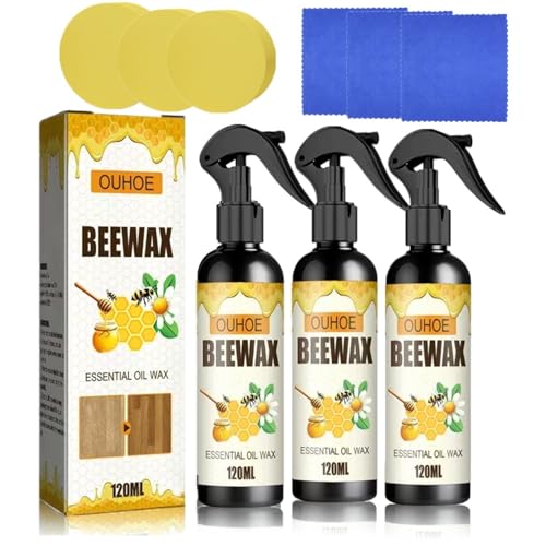 3Pcs Beeswax Spray Furniture Polish, Original Natural Beeswax Care Spray, Wood Cleaner, Wood Floor Polish for Living Room,Kitchen,Wooden Furniture Floors(120ml+Sponge+Cloth)