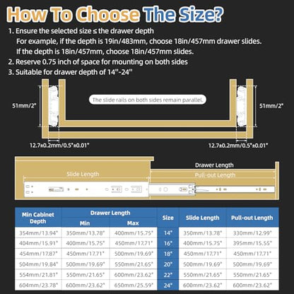 [165 LB Capacity] 1 Pair 14 Inch Soft Close Drawer Slides Side Mount - size: 14 Inch, style: Soft Close Without Lock