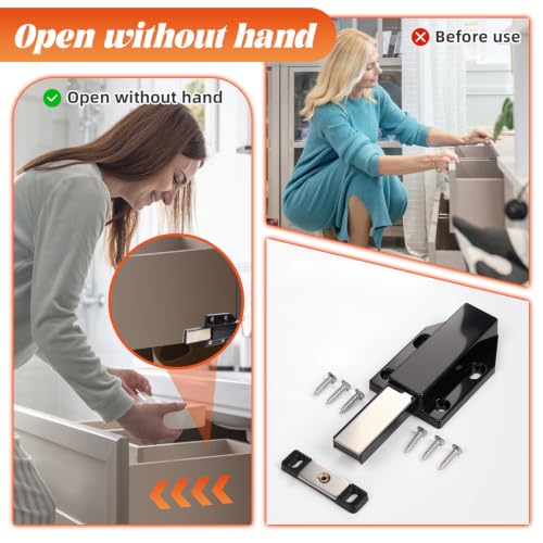 2 Pack Magnetic Push Latches, Push to Open Magnetic Cabinet Latch, Magnetic Touch Release Latches with Strong Pop Out, Magnetic Cabinet Door Catch for Kitchen Cabinets Cupboards Drawers, Black - color: Black