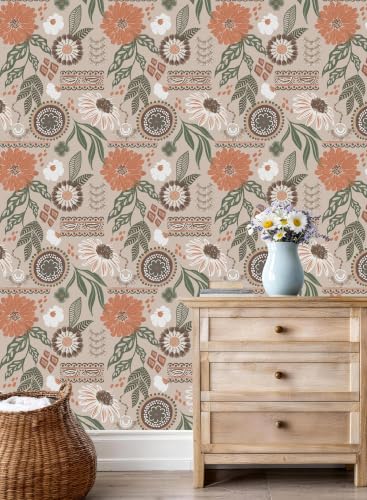 Simon&Siff Boho Sun Floral Retro Peel and Stick Wallpaper 17.3" x 800" - color: Gray, size: 17.3" x 800"