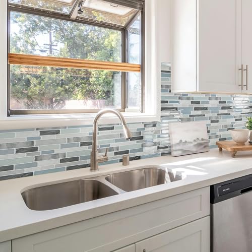 LONGKING Self-Adhesive Kitchen Backsplash, Marble Look Decorative Tiles (10 Tiles) - color: Blue