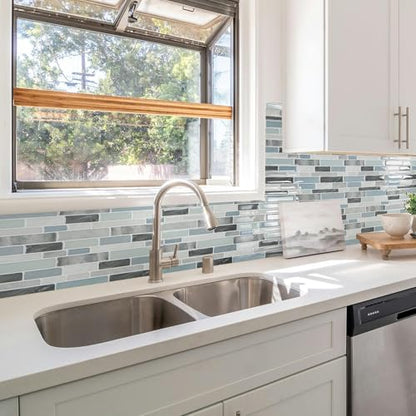 LONGKING Self-Adhesive Kitchen Backsplash, Marble Look Decorative Tiles (10 Tiles) - color: Blue