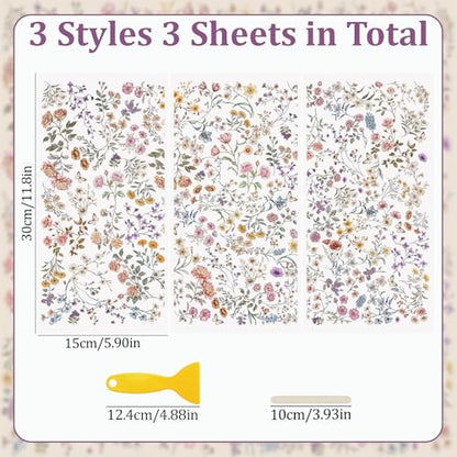 WANDIC 3 Sheets Rub On Transfer Stickers, Flower Pattern Waterproof Decals Furniture Craft Embellishments for DIY Scrapbooking Photo Albums,15 * 30cm - color: Small Flower