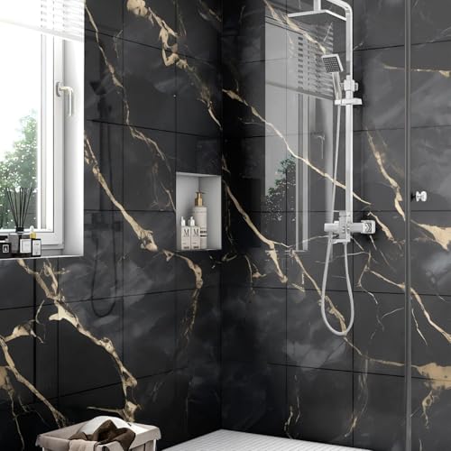 Chejiaye 10pcs Marble Peel and Stick Backsplash Waterproof Washroom Wall Panels, Peel and Stick Tile, PVC Foam Wall Panels for Kitchen,Bathroom,Living Room,Black Gold(Not Real Tile,11.8" x 11.8") - color: Black Gold, size: 11.8" x 11.8" x 10Pack
