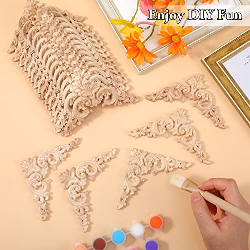 Remerry 80 Pcs Wood Applique Onlays and Wood Corner Decorative Furniture Appliques DIY Unpainted Wooden Carved Corner Decal for Home Furniture Wall Decor, 3.94 x 3.94 Inch