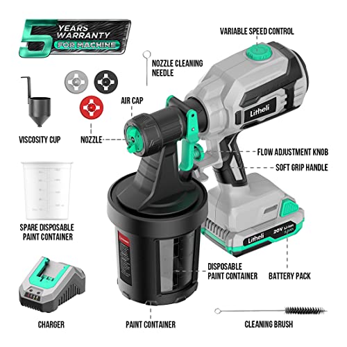 Litheli 20V Brushless Cordless Paint Sprayer, 200W High Performance HVLP Spray Gun with 1000ml/min Flow Rate, 3.12lbs Lightweight Power Painter with 2.0Ah Battery & 4 Nozzles for Walls, Fences, Decks - style: E1-Brushless 20V 2.0Ah
