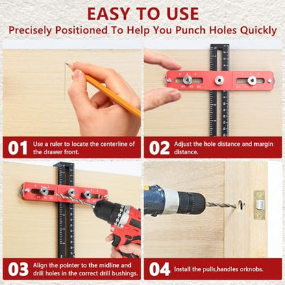 Cabinet Hardware Doweling Jig, Adjustable Cabinet Handle Template Tool, Cabinet Template Tool for Knobs, Handles and Pulls, Drill Guide Tools Kit for Woodworking Drawer Cabinet Installation