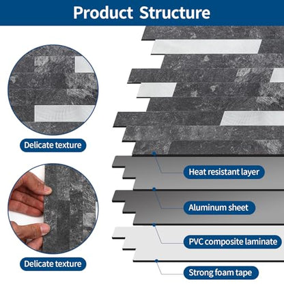 Yipscazo 5 Sheets Peel and Stick Stone Metal Tile Backsplash, Stick on Tiles for Backsplash Kitchen, Bathroom, Laundry Room, Camper, Fireplace (12'' X 12'', Dark Black) - color: Dark black