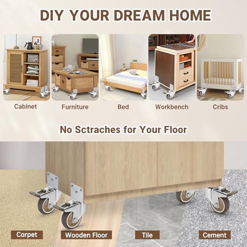 W B D WEIBIDA 3 Inch Side Mount Casters Wheels, L-Shaped Casters Set of 4, 360 Degree Swivel No Noise Casters, Heavy Duty Locking Furniture Casters Wheels for Workbench, Baby Beds, Cabinets, Tables - size: 3IN TPR