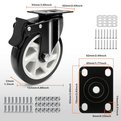 5 Inch Heavy Duty Black Caster Wheel Set of 4,Dual Brake, Silence - color: black, size: 5 inches