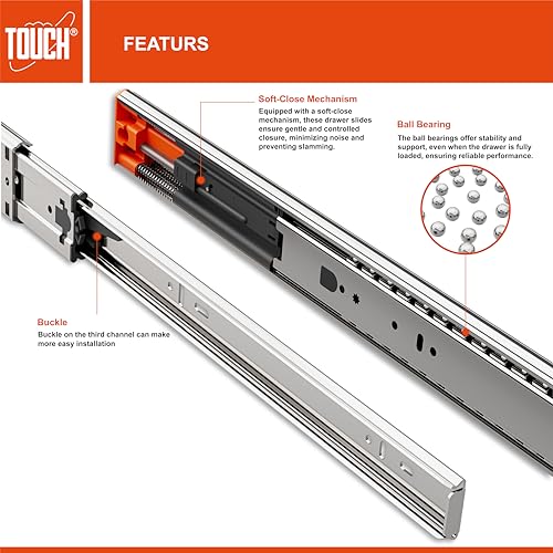 TOUCH Drawer Slides (1 Pair, 16 Inch 400mm) Soft Close Side Mount Ball Bearing 3 Folds Metal Rails Track Guide Glides Runners Heavy Duty Drawer Dresser Kitchen, 100 LB Capacity - color: SOFT-CLOSE, size: 16" 400MM