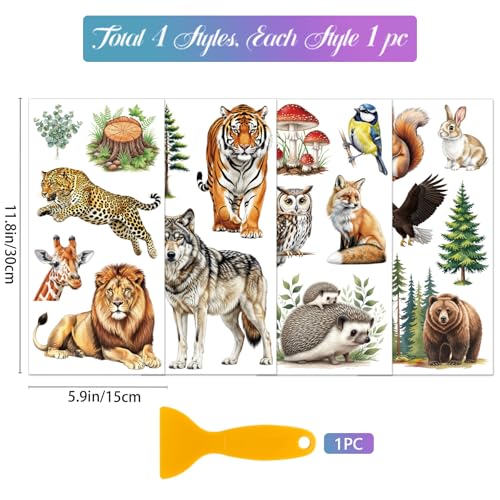 GLOBLELAND 4 Sheets Forest Animals Furniture Transfers 6x12inch Wolf Tiger Rub on Transfer UV Self-Adhesive Stickers Wall Art Craft for Bedroom Living Room Table Decoration - style: Wolf Tiger