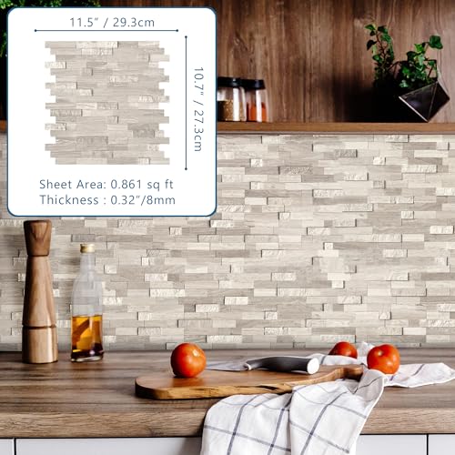 SUNWINGS 5-Sheet Peel and Stick Mosaic Natural 3D Stone Self Adhesive Marble Tiles, 11.5" x 10.7" Stick on Backsplash for Kitchen Bathroom Fireplace Vanity, Mixed Tan - color: Mixed Tan