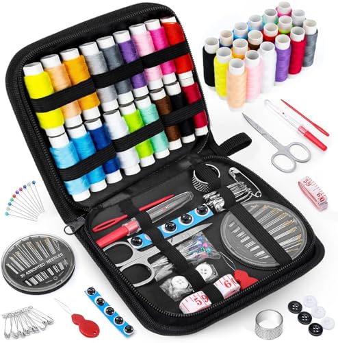 MIXCOOL Sewing Kit for Adults, Beginners, Needle and Thread Kit, Portable Sewing Supplies, Contains Thread, Scissor, Needles, Measuring Tape - color: balck, size: M