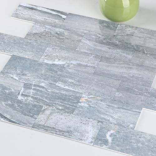 2026 New Upgrade Peel and Stick Backsplash Tile, Peel and Stick 11.34" X 11.57" Wall Tile for Kitchen, Bathroom, Fireplace, Laundry (Polished Marble Cyan, 10 Packs) - color: Polished Marble Cyan