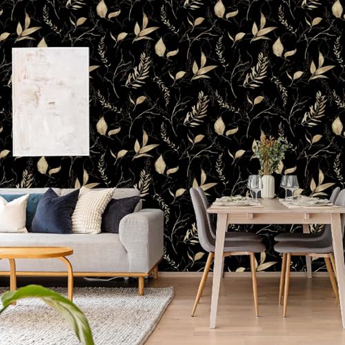 Dark Black and Gold Leaf Peel and Stick Wallpaper 17.7" x 59" - color: Black&Gold, size: 17.7" x 59"