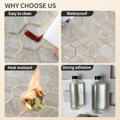 DICOFUN 1 Sheet Hexagon Peel and Stick Backsplash Tile, Beige Slate Mixed Gold Kitchen Backsplash Peel and Stick Wall Tiles - color: Beige Slate + Gold Metal Frame, size: 1 Sheet, 12''x12''x0.12''
