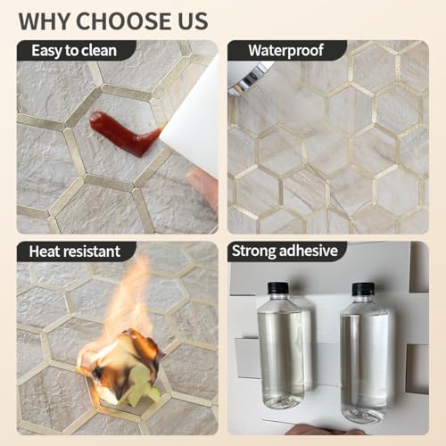 DICOFUN 1 Sheet Hexagon Peel and Stick Backsplash Tile, Beige Slate Mixed Gold Kitchen Backsplash Peel and Stick Wall Tiles - color: Beige Slate + Gold Metal Frame, size: 1 Sheet, 12''x12''x0.12''