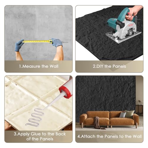 Faux Stone Wall Panels, 5-Pack 3D PU Cement-Texture Panels, Black - color: Black
