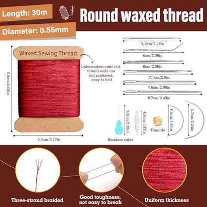 Upholstery Thread Repair Sewing Kit, 32 Yard Waxed Thread Leather Needles - color: Dark red