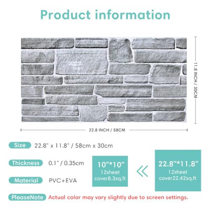 Commomy Faux Stone 3D Wall Panels Peel and Stick - 12 pcs 22.8" x 11.8" - color: Large Stone-A