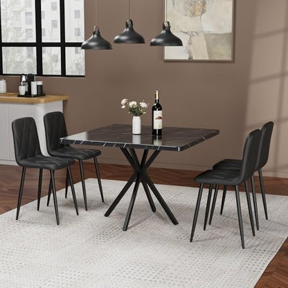 5-Piece Dining Table Set with 4 Chairs, Faux Marble, 39 Inch, Black - color: Black