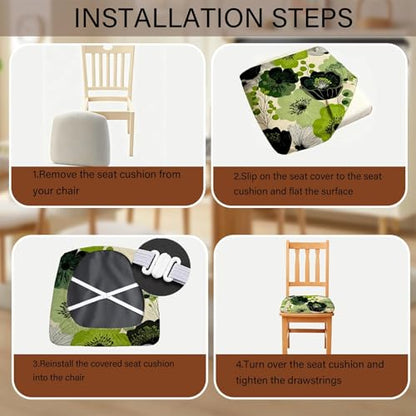 Chair Seat Covers - Waterproof Stretch Printed Dining Room Chair Cover with Elastic Ties Removable Washable Dining Upholstered Chairs Protector (Cyan, Four-piece Set) - color: Cyan, size: Four-piece set