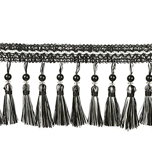 6.5 Yard Beads Tassel Handmade Fringe Trim Ribbon Trimming, 11Cm/4.3Inch Diameter Hand Knitting Tassel Fringing Trimmings for Decor, DIY - color: mix black