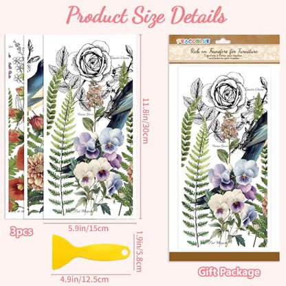 Peacoblue Bird Flower Bush Rub On Transfers for Furniture 6"x12" - style: Vintage Bird and Flower Bush