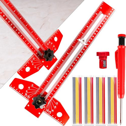 6 Pcs Woodworking Scriber Marking Line Ruler Adjustable Aluminum Alloy Sliding T-Square Ruler Precision Line Drawing Aid Ruler with Angle Scale Measuring Tool and Carpenter Pencil