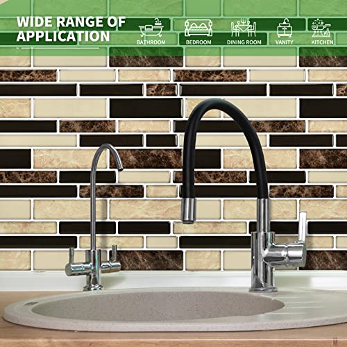 LONGKING 10-Sheet Brown Peel and Stick Backsplash Tile for Kitchen, Vinyl 3D Self-Adhesive Tile Stickers for Kitchen, Bathroom, Counter Top - color: Tan