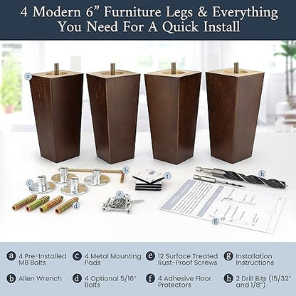Airy Abode Premium Walnut Square Furniture Legs (Full Install Kit) - Pick Your Size and Color - color: Brown, size: 6 Inches