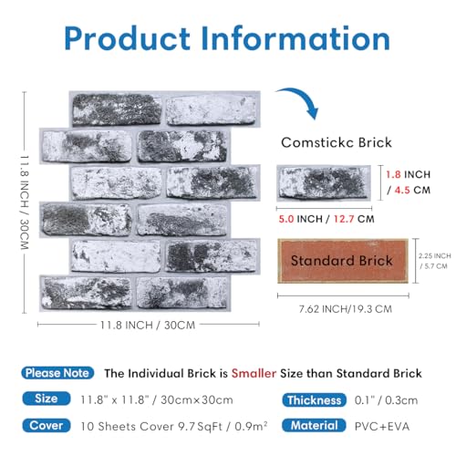 COMSTICKC 3D Faux Brick Wall Panels Peel and Stick, 10 Pcs 11.8" x 11.8" - color: Whitewash Black