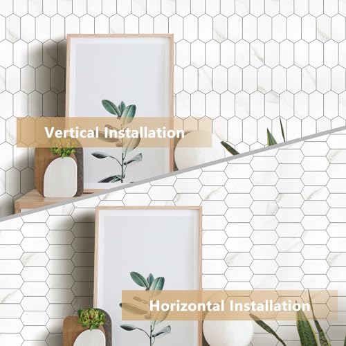 Vamos Tile Long Hexagon Peel and Stick Backsplash Tile - 10 Sheets Stick on Backsplash for Kitchen and Bathroom 12.4 x 12 Inch White Marble Look PVC Self Adhesive Mosaic Wall Tiles - color: ‎Statuary Marble Look