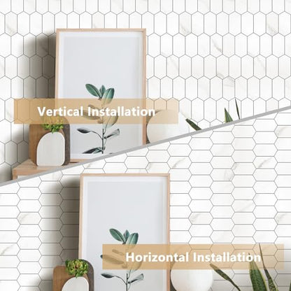 Vamos Tile Long Hexagon Peel and Stick Backsplash Tile - 10 Sheets Stick on Backsplash for Kitchen and Bathroom 12.4 x 12 Inch White Marble Look PVC Self Adhesive Mosaic Wall Tiles - color: ‎Statuary Marble Look
